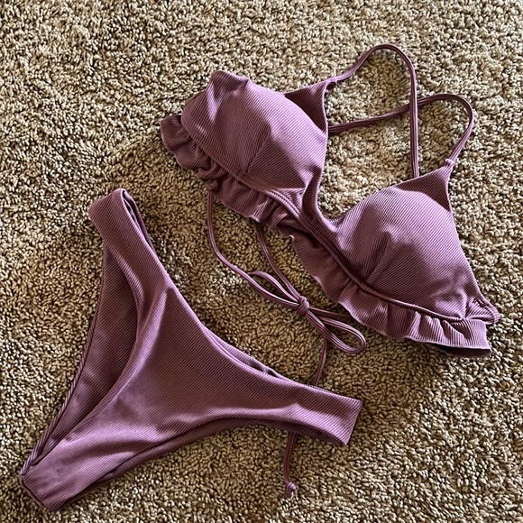 ZAFUL Ruffled Crisscross Ribbed Bikini Swimsuit - Dull Purple S - Picture 7 of 7